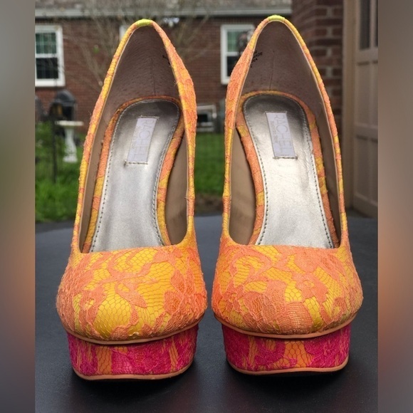 RACHEL ROY KEEDAN Orange Yellow Pink Lace Platform Pump Stiletto Heels Size 6 - Picture 5 of 16